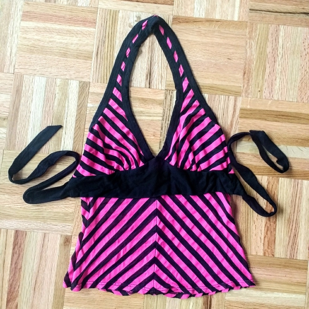Pink & Black Bebe Sexy Halter Top Shirt Small